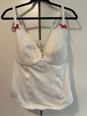 22/24 Cacique White Lace-Trim Camisole Corset with Pink Bow Accents